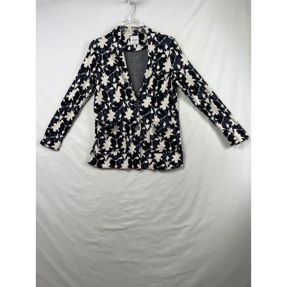 NIC+ZOE Knit Blazer Women PS Navy Blue Cream Abstract Floral Two Button Jacket